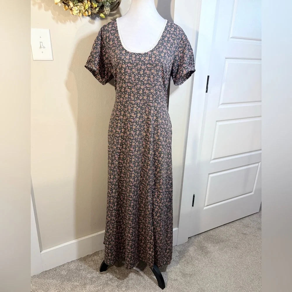 NATURAL LIFE Juliette Dress Floral Grey/Pink Boho Cottage Maxi Dress~ Large 🧡 - Picture 2 of 11